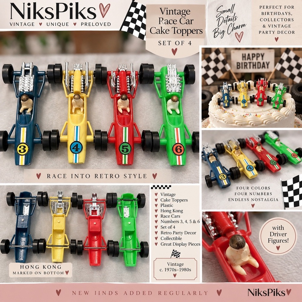 Vintage Race Car Cake Toppers Set of 4 Hong Kong #3 #4 #5 #6 Plastic